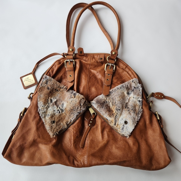 Badgley Mischka Handbags - Badgley Mischka Brown Leather Tote Bag with Real Fur Accents Designer